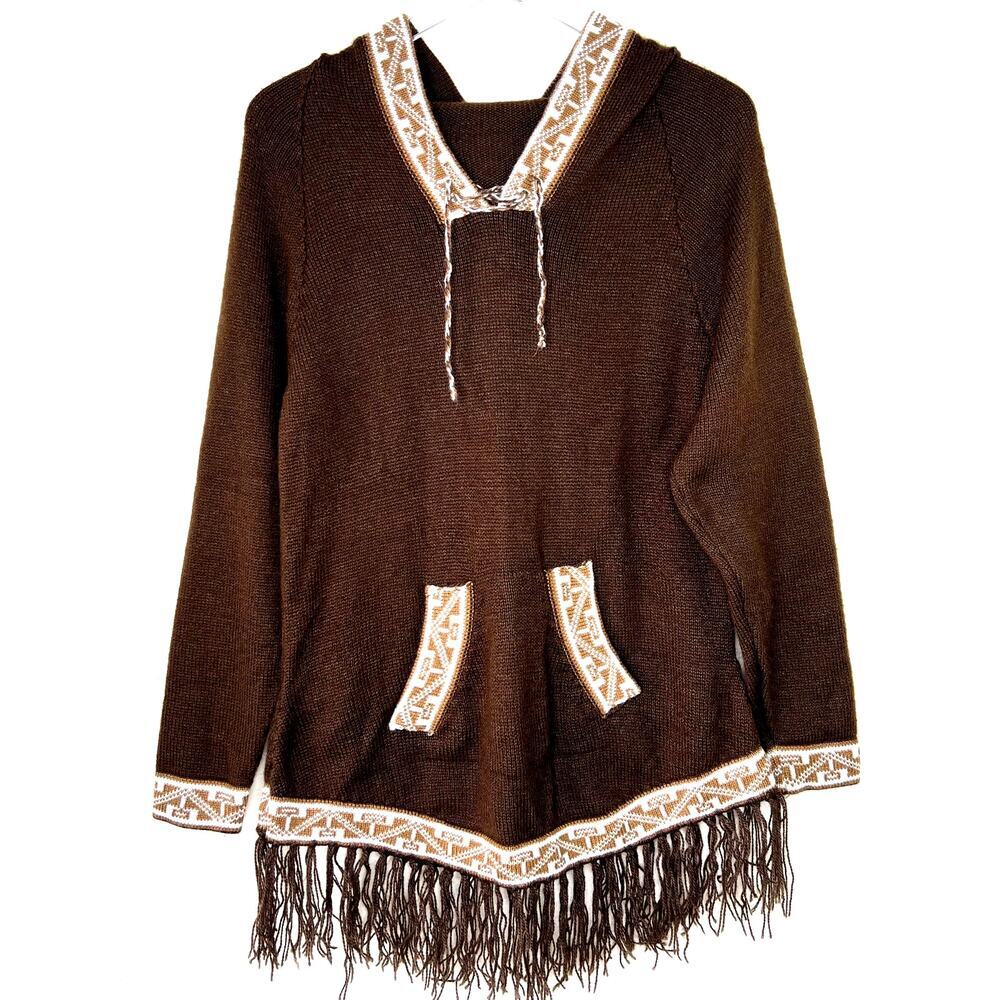 Alpaca Wool Hooded Pullover Sweater Geometric Trim Brown Knit Tassel Fringe MED